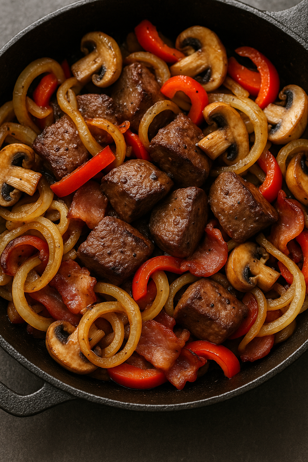 Liver, Bacon, Onions, Sweet Pepper Sauce & Fried Mushrooms